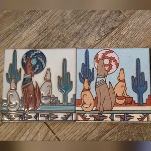 2 Earthtones Southwest HOWLING COYOTES & SAUGUARO CACTUS Ceramic Tile Trivet
